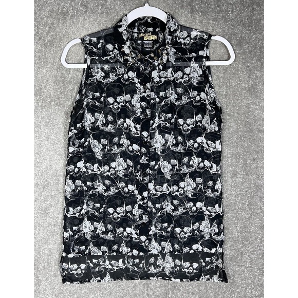 Social Misfits Sheer Skulls Studded Collar Button Up Top Womens Size Small Goth - Picture 1 of 11